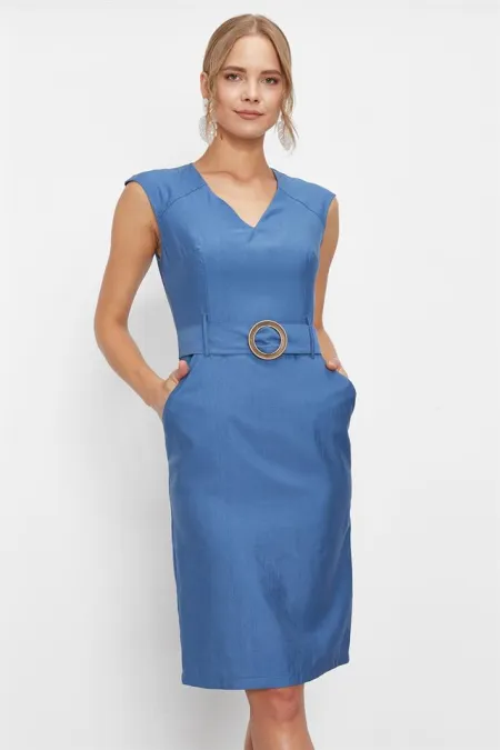 Kadın Mavi Kemerli Midi Boy Elbise Kadın Mavi Kemerli Midi Boy Elbise