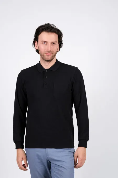 Çizgi Triko Erkek Triko Kazak Kışlık Cepli Kolları Lastikli Polo Yaka - Siyah Çizgi Triko Erkek Triko Kazak Kışlık Cepli Kolları Lastikli Polo Yaka - Siyah