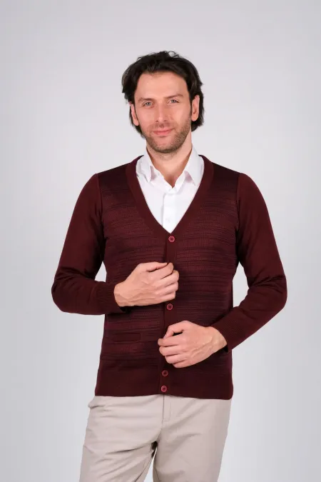 Çizgi Triko Düğmeli Erkek Triko Hirka - Bordo Çizgi Triko Düğmeli Erkek Triko Hirka - Bordo