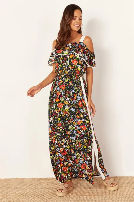 Kadın Lacivert Kalın Askılı Desenli Uzun Elbise Kadın Lacivert Kalın Askılı Desenli Uzun Elbise