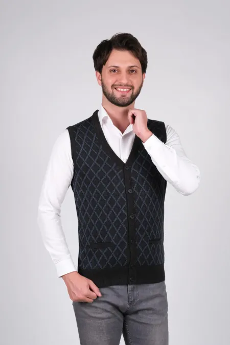 Çizgi Triko Erkek Düğmeli Triko Yelek Çift Cepli Baklava Desenli Kışlık Bel Lastikli Dokuma - Koyu Gri Çizgi Triko Erkek Düğmeli Triko Yelek Çift Cepli Baklava Desenli Kışlık Bel Lastikli Dokuma - Koyu Gri