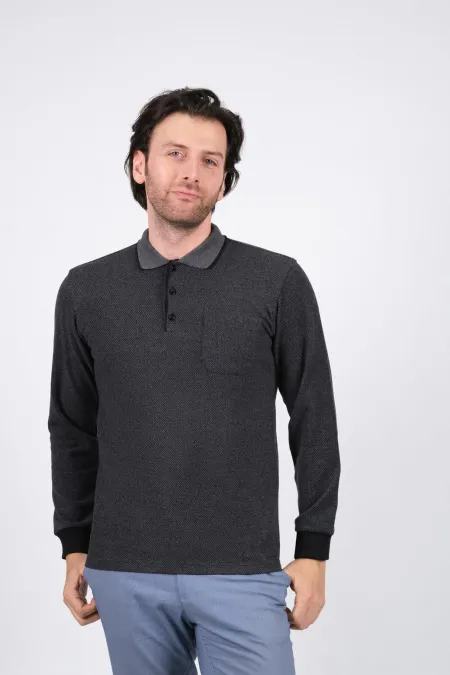 Çizgi Triko Erkek Triko Kazak Kışlık Cepli Kolları Lastikli Polo Yaka - Füme Çizgi Triko Erkek Triko Kazak Kışlık Cepli Kolları Lastikli Polo Yaka - Füme