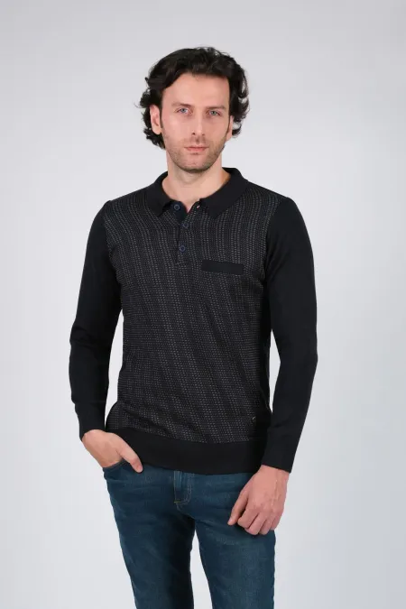 Çizgi Triko Erkek Polo Yaka Triko Kazak Cep Detaylı Desenli Dokuma - Lacivert