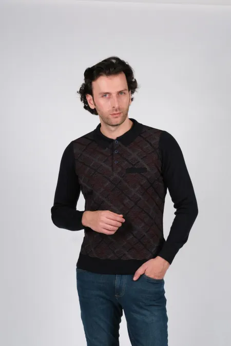 Çizgi Triko Erkek Polo Yaka Triko Kazak Cep Detaylı Bel ve Kol Lasitkli Düğmeli Kışlık Dokuma - Lacivert