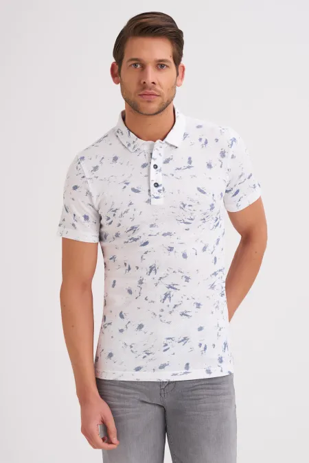 Çizgi Triko Erkek Slim Fit Polo Yaka Tişört Desenli Kolu Lastikli Kumaş %100 Pamuk - Beyaz