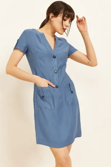 Kadın İndigo Düğme Detaylı Elbise Kadın İndigo Düğme Detaylı Elbise