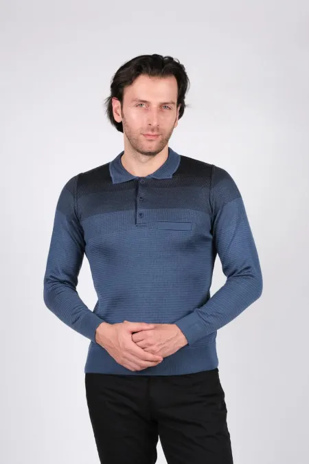 Çizgi Triko Erkek Polo Yaka Triko Kazak Renk Geçişi Kışlık Dokuma - Mavi Çizgi Triko Erkek Polo Yaka Triko Kazak Renk Geçişi Kışlık Dokuma - Mavi