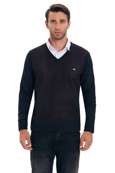 Çizgi Triko Erkek V Yaka Triko Kazak Noktalı Kol ve Bel Lastikli Kışlık Dokuma - Lacivert Çizgi Triko Erkek V Yaka Triko Kazak Noktalı Kol ve Bel Lastikli Kışlık Dokuma - Lacivert