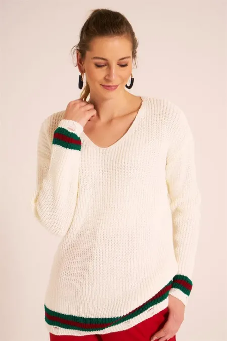 Kadın Beyaz Düşük Kollu Kadın Triko Kazak Kadın Beyaz Düşük Kollu Kadın Triko Kazak