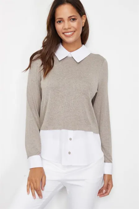 Kadın Bej Yakalı Kontrast Bluz Kadın Bej Yakalı Kontrast Bluz