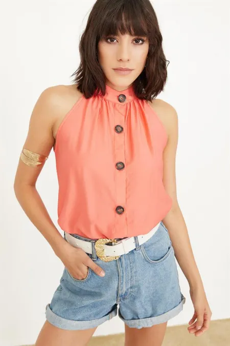 Kadın Mercan Kolsuz Keten Bluz Kadın Mercan Kolsuz Keten Bluz