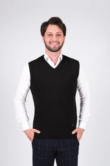 Çizgi Triko Erkek Triko Süveter V Yaka Düz Renk Bel Lastikli Kışlık Dokuma - Siyah Çizgi Triko Erkek Triko Süveter V Yaka Düz Renk Bel Lastikli Kışlık Dokuma - Siyah