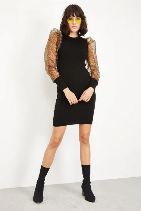 Kadın Siyah Organze ve Leopar Balon Kollu Triko Elbise Kadın Siyah Organze ve Leopar Balon Kollu Triko Elbise