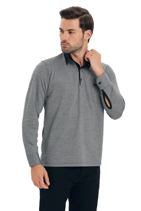 Çizgi Triko Erkek Polo Yaka Kazak Kol Düğmeli Desenli Cepli Klasik Penye - Füme Çizgi Triko Erkek Polo Yaka Kazak Kol Düğmeli Desenli Cepli Klasik Penye - Füme