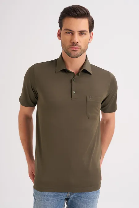 Çizgi Triko Erkek Polo Yaka Tişört Düz Renk Günlük Cep Detaylı - Haki