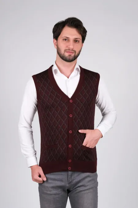Çizgi Triko Düğmeli Erkek Triko Yelek - Bordo Çizgi Triko Düğmeli Erkek Triko Yelek - Bordo
