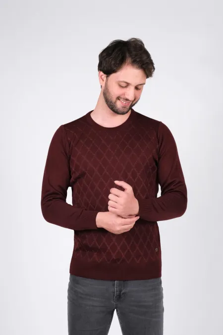 Çizgi Triko Erkek Sıfır Yaka Baklava Desenli Kol ve Bel Lastikli Triko Kazak Kışlık Dokuma - Bordo Çizgi Triko Erkek Sıfır Yaka Baklava Desenli Kol ve Bel Lastikli Triko Kazak Kışlık Dokuma - Bordo