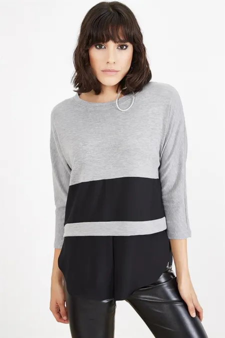 Kadın Gri Yarasa Kollu Kontrast Bluz Kadın Gri Yarasa Kollu Kontrast Bluz