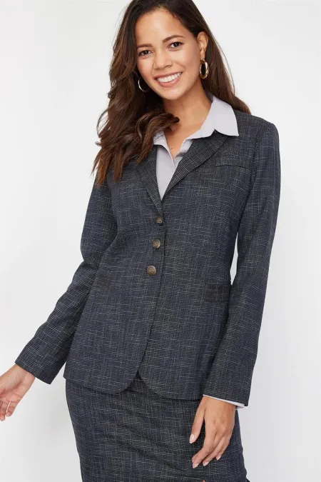 Kadın Lacivert Önü Düğmeli Desenli Ceket Kadın Lacivert Önü Düğmeli Desenli Ceket