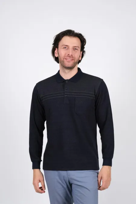 Çizgi Triko Erkek Triko Kazak Polo Yaka Kışlık Çizgi Detaylı Cepli Kolları Lastikli - Lacivert Çizgi Triko Erkek Triko Kazak Polo Yaka Kışlık Çizgi Detaylı Cepli Kolları Lastikli - Lacivert