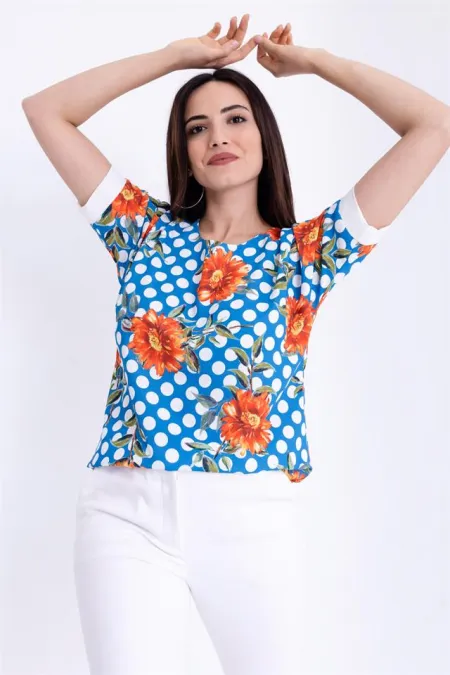 Kadın Mavi Desenli Bluz Kadın Mavi Desenli Bluz