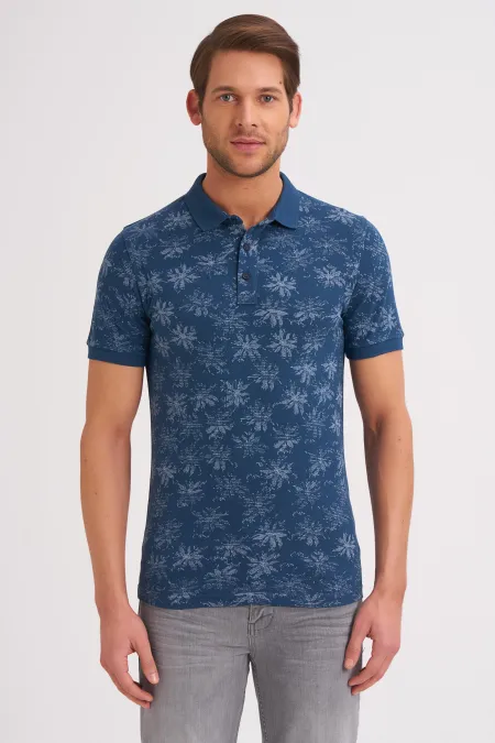 Çizgi Triko Erkek Tişört Slim Fit Polo Yaka Kolu Lastikli Desenli %100 Pamuk Kumaş - İndigo