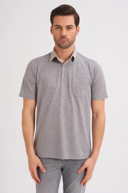 Çizgi Triko Erkek Gömlek Yaka Tişört Desenli Cepli Kolu Lastikli - Bej