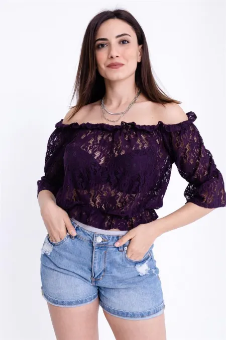 Kadın Mor Dantel Crop Bluz Kadın Mor Dantel Crop Bluz