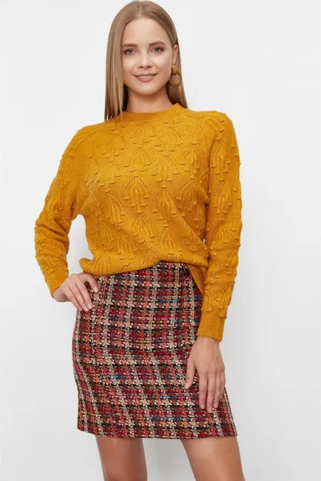 Kadın Hardal Desenli Triko Kazak Kadın Hardal Desenli Triko Kazak