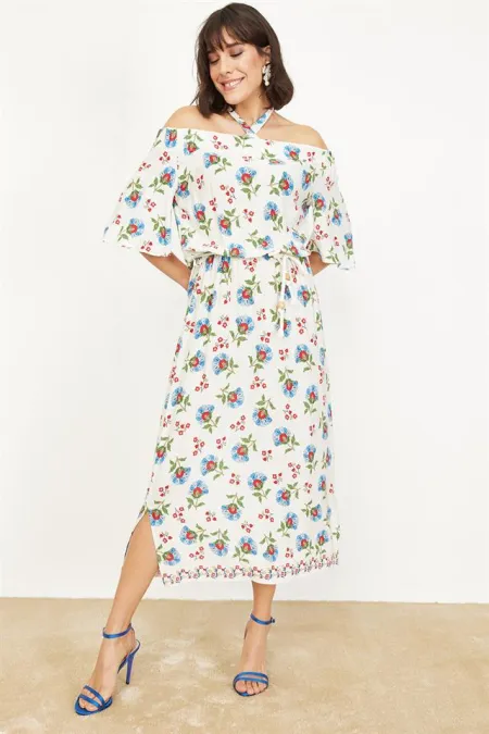 Kadın Mavi Düşük Omuzlu Desenli Elbise Kadın Mavi Düşük Omuzlu Desenli Elbise