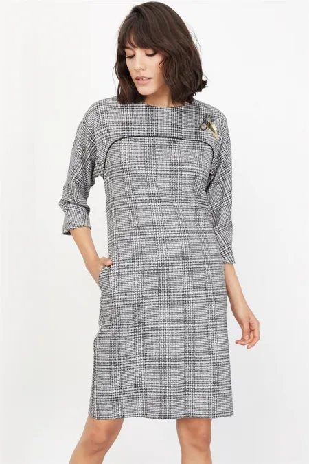 Kadın Gri Kontrast Biye Detaylı Elbise Kadın Gri Kontrast Biye Detaylı Elbise