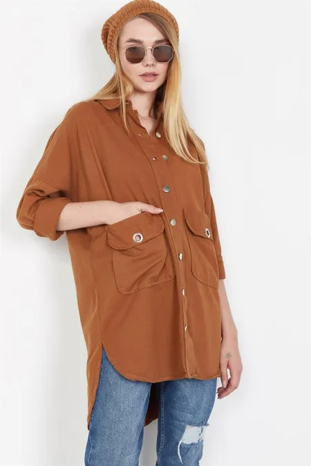 Kadın Taba Cepli Uzun Gabardin Ceket Kadın Taba Cepli Uzun Gabardin Ceket