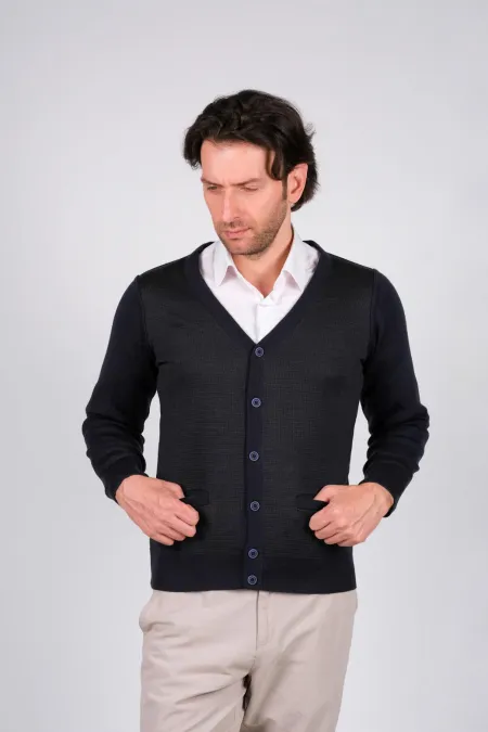 Çizgi Triko Düğmeli Erkek Triko Hirka - Lacivert Çizgi Triko Düğmeli Erkek Triko Hirka - Lacivert