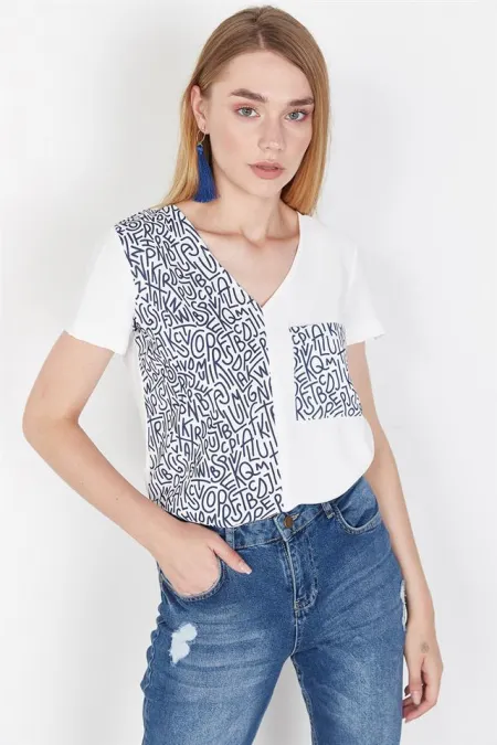 Kadın Beyaz Cepli Baskılı Bluz Kadın Beyaz Cepli Baskılı Bluz