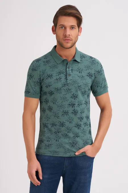 Çizgi Triko Erkek Tişört Slim Fit Polo Yaka Kolu Lastikli Desenli %100 Pamuk Kumaş - Yeşil