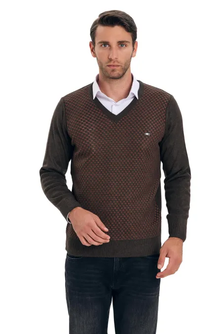 Çizgi Triko Erkek V Yaka Triko Kazak Noktalı Kol ve Bel Lastikli Kışlık Dokuma - Kahverengi Çizgi Triko Erkek V Yaka Triko Kazak Noktalı Kol ve Bel Lastikli Kışlık Dokuma - Kahverengi