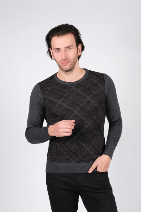 Çizgi Triko Erkek Sıfır Yaka Triko Kazak Baklava Desenli Bel ve Kol Lastikli Kışlık Dokuma - Açık Lacivert