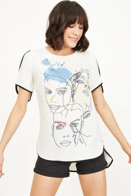 Kadın Mavi Yüz Baskılı Bluz Kadın Mavi Yüz Baskılı Bluz