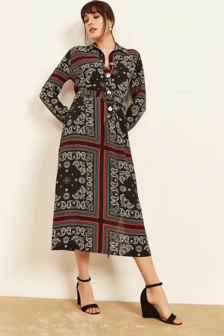 Kadın Siyah Desenli Gömlek Elbise