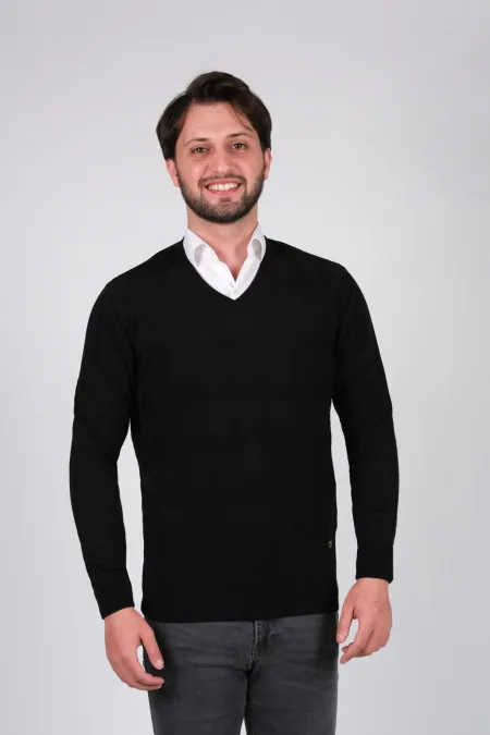 Çizgi Triko Erkek Triko Kazak V Yaka Baklava Desen Kol ve Bel Lastikli Kışlık Dokuma - Siyah