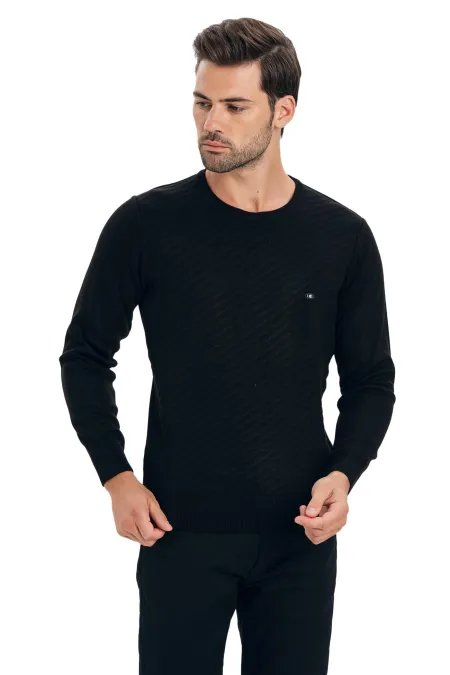 Çizgi Triko Erkek Sıfır Yaka Triko Kazak Kesik Çizgili Kol ve Bel Lastikli Kışlık Dokuma - Siyah Çizgi Triko Erkek Sıfır Yaka Triko Kazak Kesik Çizgili Kol ve Bel Lastikli Kışlık Dokuma - Siyah