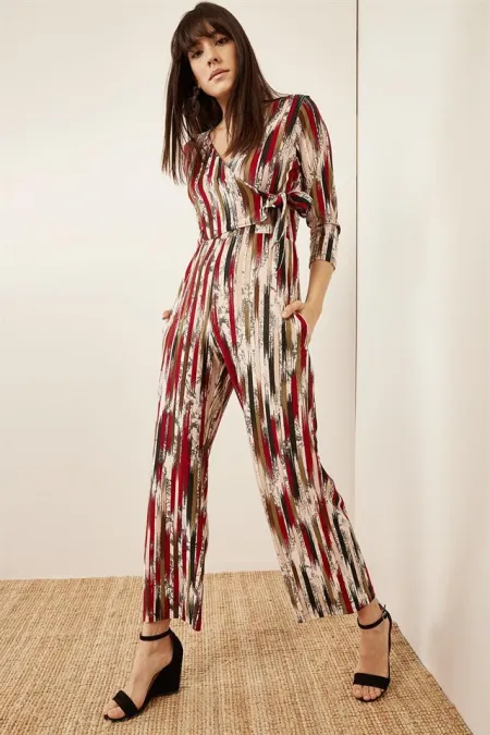 Kadın Bordo Desenli Kruvaze Tulum Kadın Bordo Desenli Kruvaze Tulum