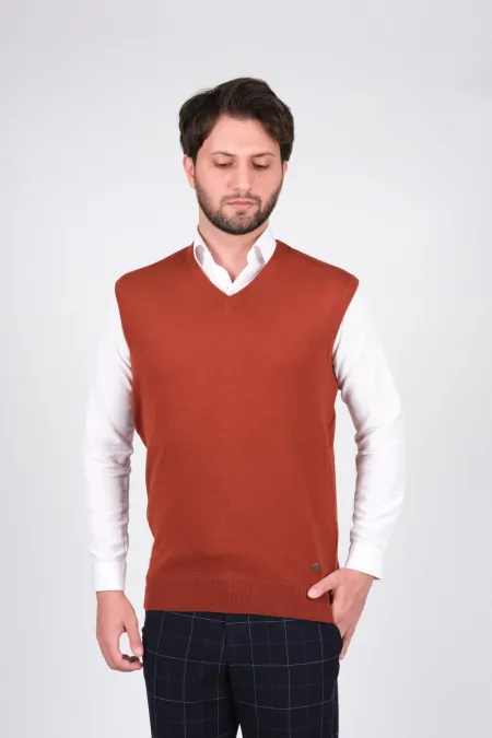 Çizgi Triko Erkek Triko Süveter V Yaka Düz Renk Bel Lastikli Kışlık Dokuma - Kiremit Çizgi Triko Erkek Triko Süveter V Yaka Düz Renk Bel Lastikli Kışlık Dokuma - Kiremit