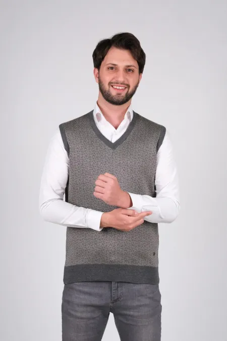 Çizgi Triko Erkek V Yaka Triko Süveter Renk Geçişli Kışlık Dokuma - Gri