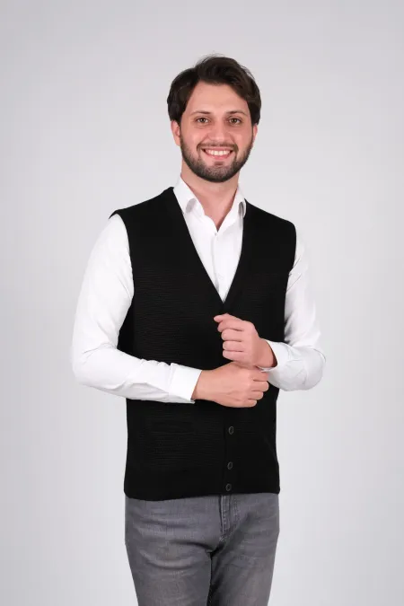 Çizgi Triko Erkek V Yaka Triko Yelek Desenli Cep Detaylı Dokuma - Siyah