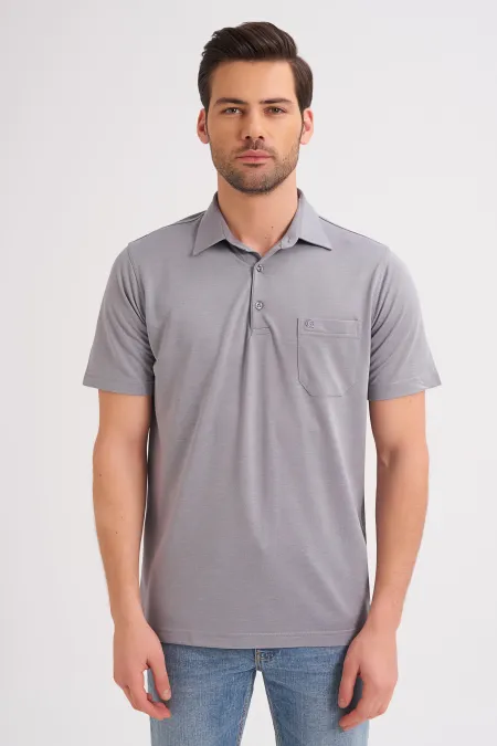 Çizgi Triko Erkek Polo Yaka Tişört Düz Renk Günlük Cep Detaylı - Gri