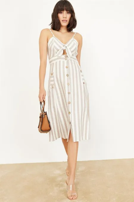 Kadın Bej Çizgili Keten Elbise Kadın Bej Çizgili Keten Elbise