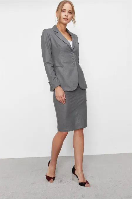 Kadın Gri Düğmeli Etek