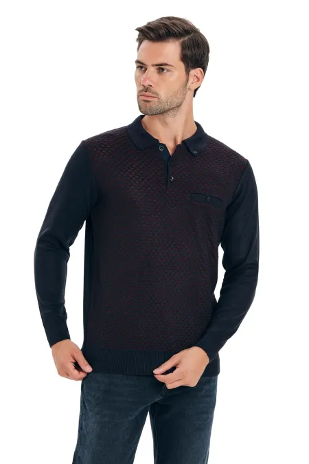 Çizgi Triko Erkek Polo Yaka Triko Kazak Noktalı Kol ve Bel Lastikli Kışlık Dokuma - Lacivert Çizgi Triko Erkek Polo Yaka Triko Kazak Noktalı Kol ve Bel Lastikli Kışlık Dokuma - Lacivert