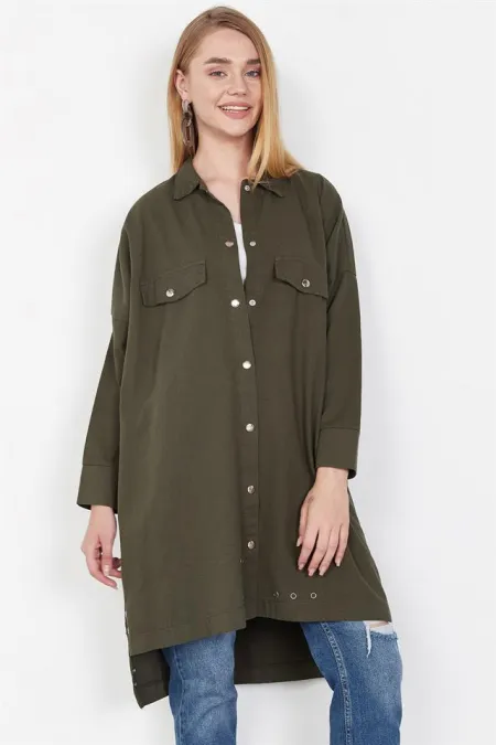 Kadın Haki Gabardin Uzun Gömlek Kadın Haki Gabardin Uzun Gömlek